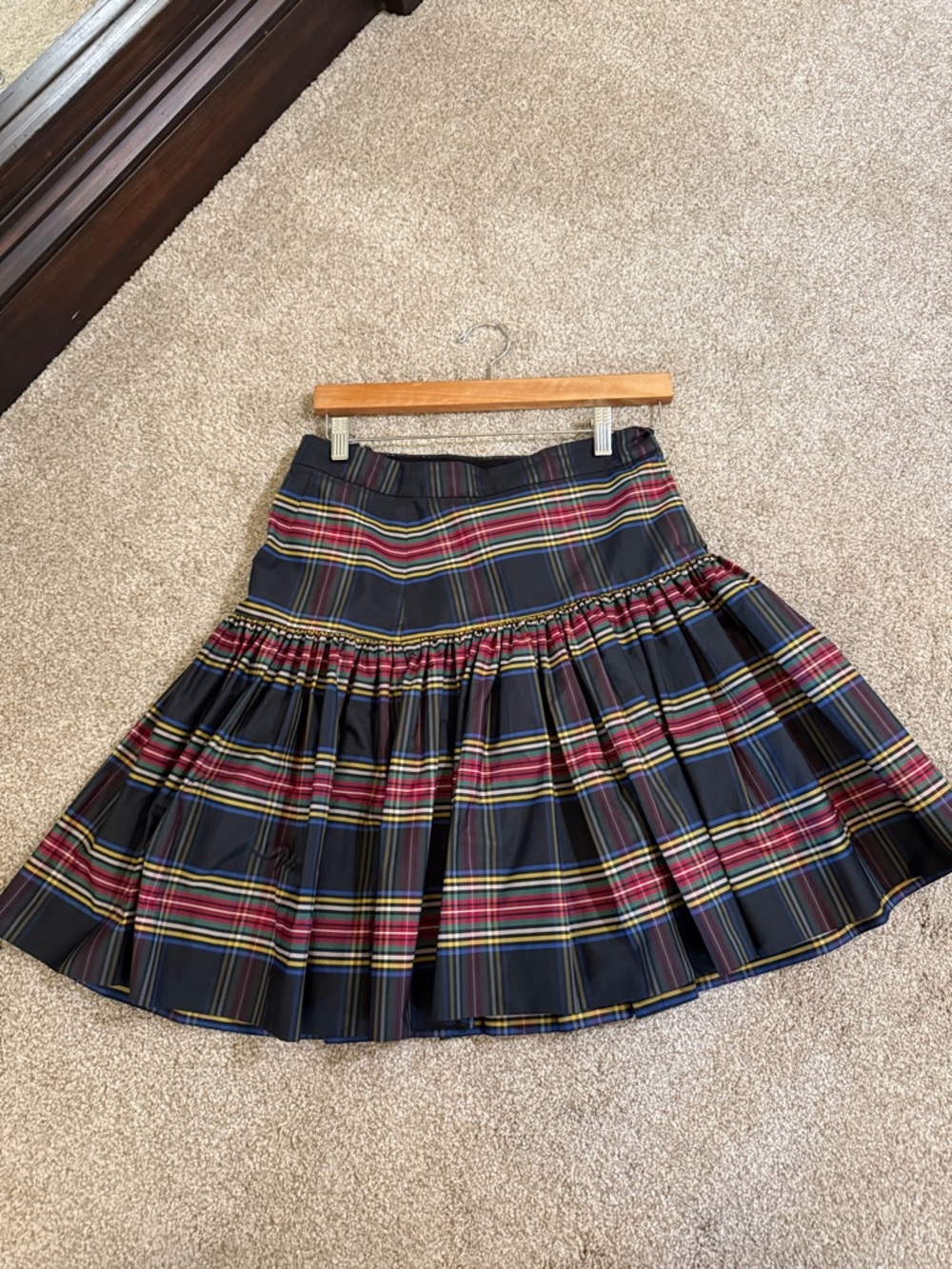 J. Crew Navy Plaid Tiered Midi Skirt with Red and Yellow Stripes